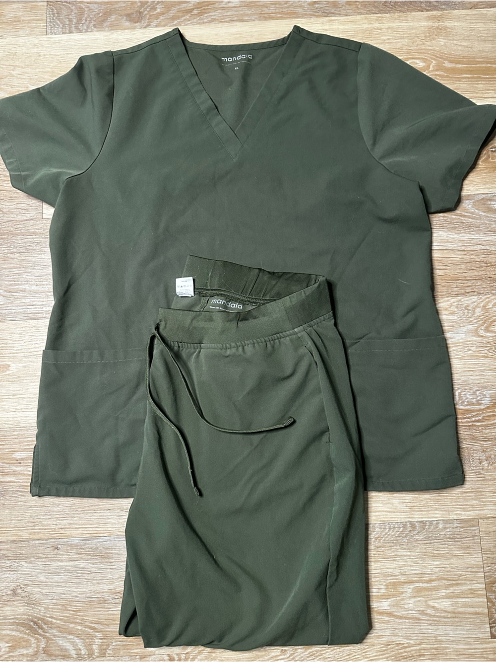 Mandala Women's Olive V-Neck Scrub Top and Drawstring Pants Set